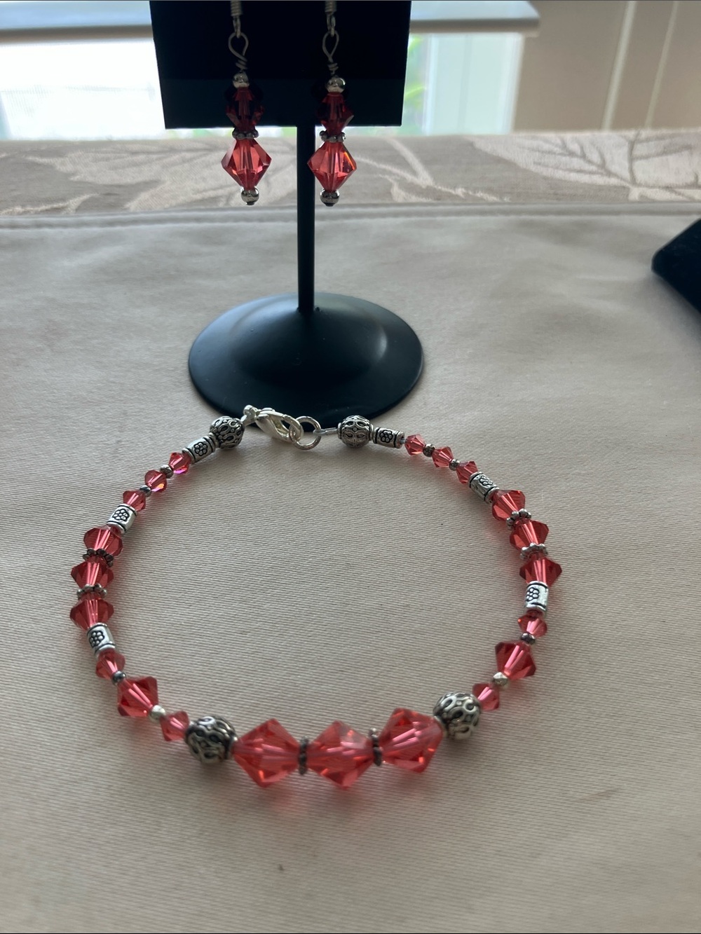 8” Coral Swarovski Crystal Beaded Bracelet and Earring Set